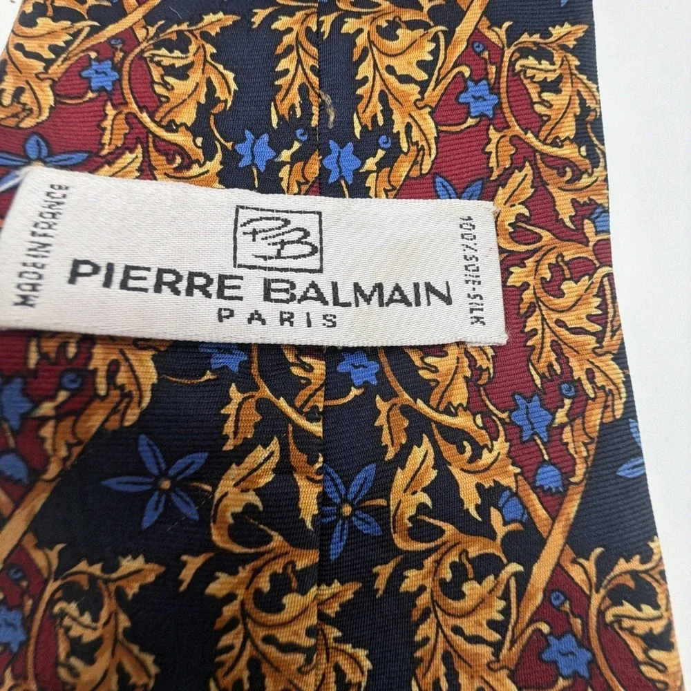 Pierre Balmain Paris Silk Tie Ornate Floral Pattern Gold Navy Burgundy